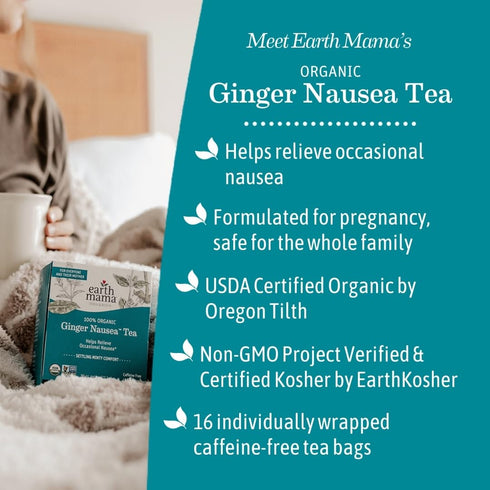Earth Mama 16 (2-Pack) Organic Ginger Nausea Tea | Comforts Occasional Nausea + Morning Sickness, Teabags Per Box
