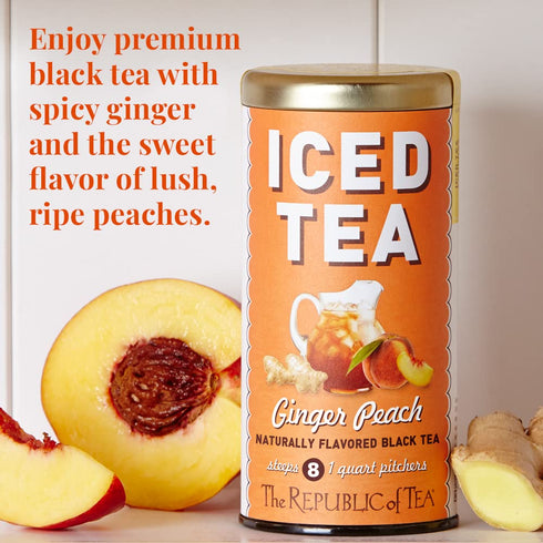 40 The Republic of Tea Ginger Peach Black Iced Tea Bags, Large Quart-Sized Iced Tea Pouches, Naturally Caffeinated