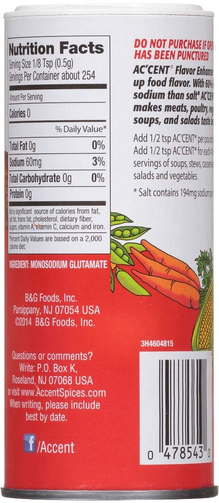 Ac'cent Flavor Enhancer 00054 All Natural 4.5 Oz Canister (Pack of 2) for Meats, Soups, Salads, and Vegetables