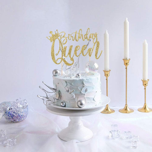 Handmade Glitter Queen Cake Topper, Happy Birthday Cake Bunting Decor, Party Decoration Supplies in Gold