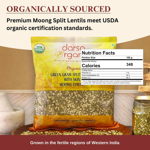 2 lb Darsa Organics Mung Split Lentils with Skin, Moong Dal with Skin - USDA Organic Green Lentils, Non-GMO, Kosher