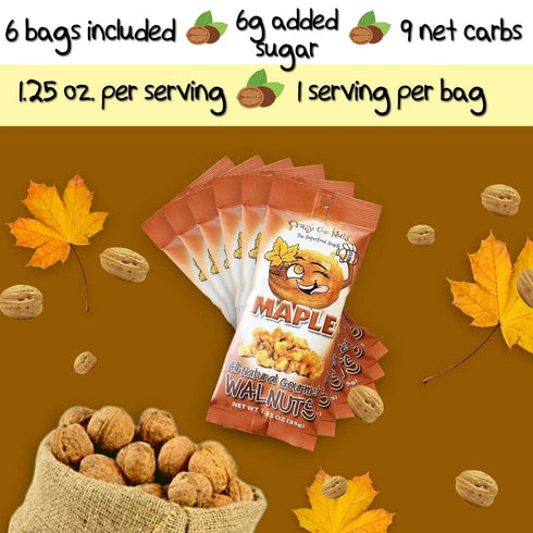 3 1.25 Oz, 6-Pack Crazy Go Nuts Walnuts Maple - Glazed Walnuts, Healthy Snacks, Vegan, Low Carb, Gluten Free, Superfood