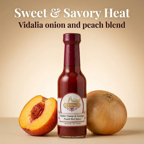 5 Oz (Pack 2) Prissy's Vidalia Onion & Peach Hot Sauce, Award-Winning Gourmet Blend, Bottle