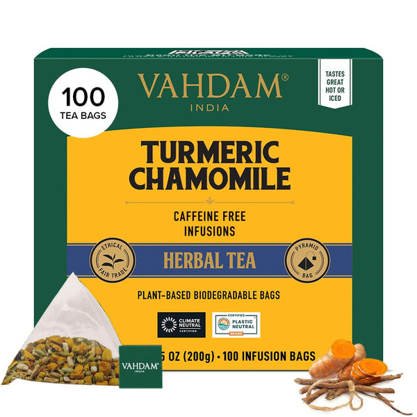 VAHDAM, Turmeric Chamomile Tea Bags (100 Herbal Tea Bags) Caffeine Free,100% Pure