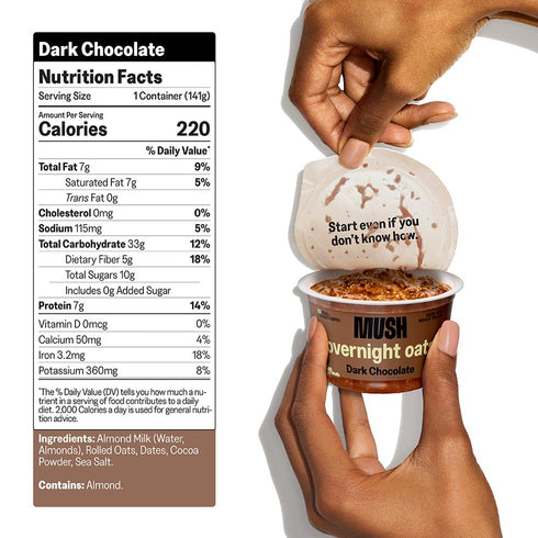 5oz MUSH Overnight Oats - Dark Chocolate - Good Source of Fiber, Non-GMO, Dairy Free, Gluten Free