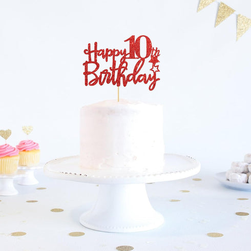 Red Glitter Happy 10th Birthday Cake Topper, Cheers to 10 Years Party Supplies, 10th Birthday Decorations