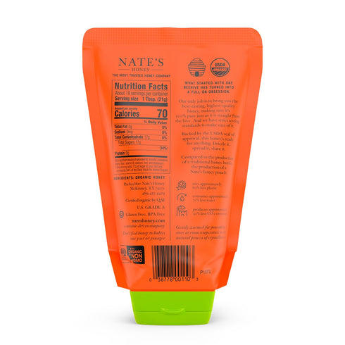 100% 14 oz. Nate's Organic Honey - Pure USDA Organic Raw & Unfiltered Honey - Two No-Drip Sustainable Squeeze Pouches