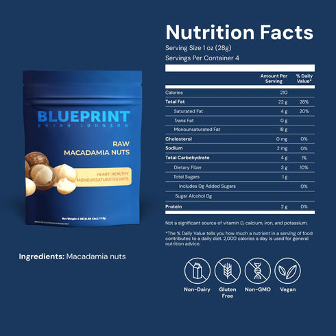 (4 Blueprint Bryan Johnson Raw Macadamia Nuts - No Palm Oil - Keto and Low Carb Snack - No Added Sugar, Vegan, Non GMO