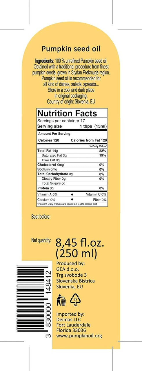 8.4oz (250ml) 100% Original Styrian Pumpkin Seed Oil GEA Natural, Unrefined, Vegan, Gluten-Free, Kosher, Non-GMO