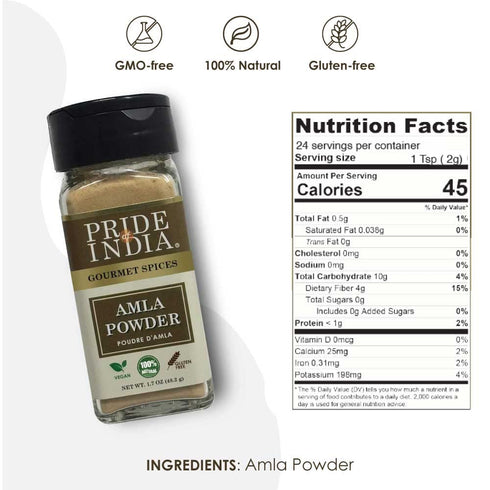 Pride of India Amla Powder - Gourmet Spice - Pure Indian Gooseberry Ground - Antioxidant Rich - 1.7 oz. Dual Sifter