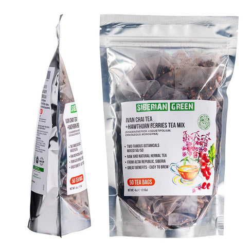 50-Pack Siberian Green Ivan Chai Tea and Hawthorn Berry Herbal Tea Bags Natural and Pure Botanical Herbs From Altai