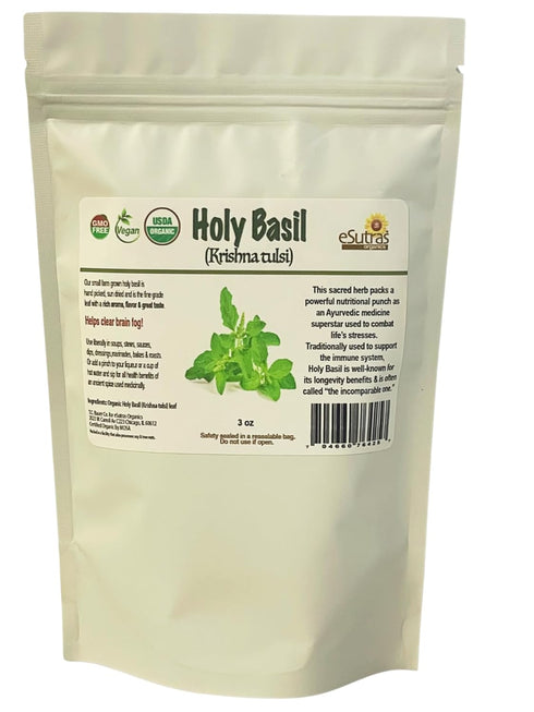 eSutras Organics Holy Basil, Krishna Tulsi, Organic Dried Leaf, Great for Cooking or Herbal Tea, 3 oz