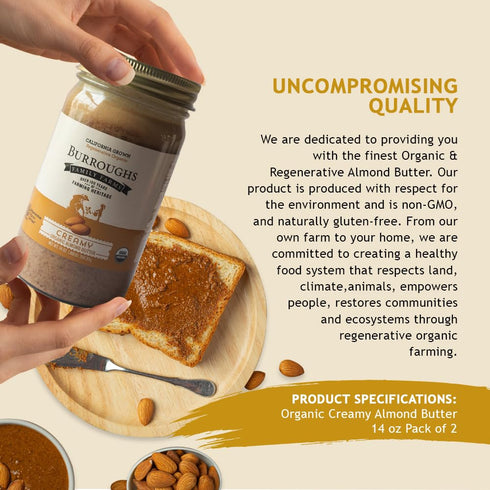 (14 oz Pack 2, Burroughs Family Farms Regenerative Organic Creamy Almond Butter of Creamy)