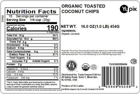 16 Oz, Pack 1 Yupik Organic Toasted Desiccated Coconut Chips, Non-GMO, Vegan, Gluten-Free