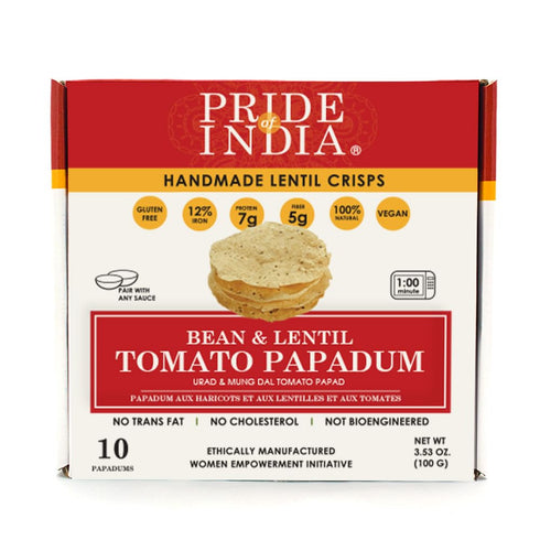 Pack 6-10 Count (3.53oz 100gm) Pride Of India | Tomato Papadum, of Box - | Protein Fiber & Iron Rich, Gluten-Free Vegan
