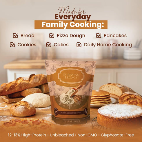 3 lb Eurasian Legacy Non-GMO, Unbleached, Glyphosate-Free, High-Protein Wheat Flour, Perfect for Bread & Baking