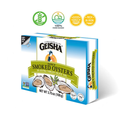3.75oz(Pack 12), Iron(20% Protein(32% GEISHA Smoked Oysters in Extra Virgin Olive Oil of Smoked Oysters | Zero Trans