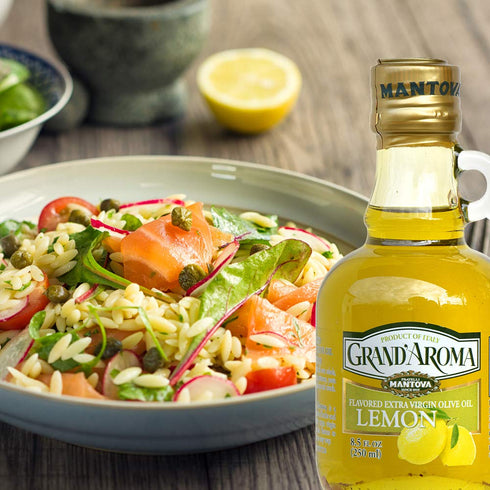100% 8.5 oz (Pack 2). Mantova GrandAroma Lemon Flavored Extra Virgin Olive Oil, made in Italy, cold-pressed, natural