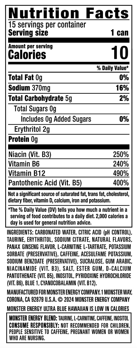 16 Pack 15 Monster Energy Ultra Blue Hawaiian, Sugar Free Energy Drink, Ounce |