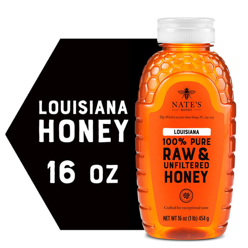 100% 16 oz. Nate's Louisiana Pure, Raw & Unfiltered Honey - Squeeze Bottle - All-natural Sweetener