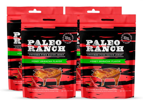 PALEO RANCH Uncured Bacon Jerky, Honey Sriracha, No Added Hormones, No Preservatives,