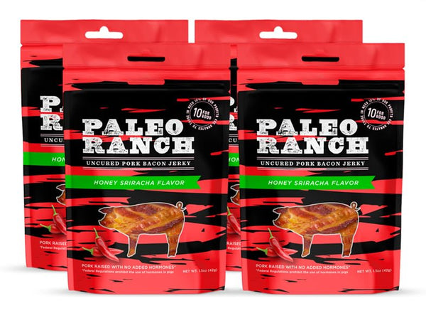 PALEO RANCH Uncured Bacon Jerky, Honey Sriracha, No Added Hormones, No Preservatives,