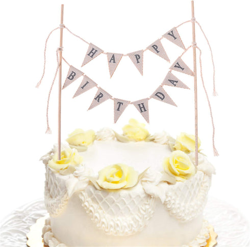 LOCOLO Happy Birthday Cake Toppers, Ivory Cake Topper with Wooden Sticks for Party Decoration Supplies