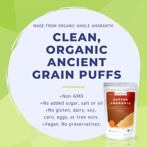 100% (5 oz) powbab Puffed Amaranth - Organic Amaranth Popped in USA Whole Puffs. Good Protein Source, No Oil or Salt
