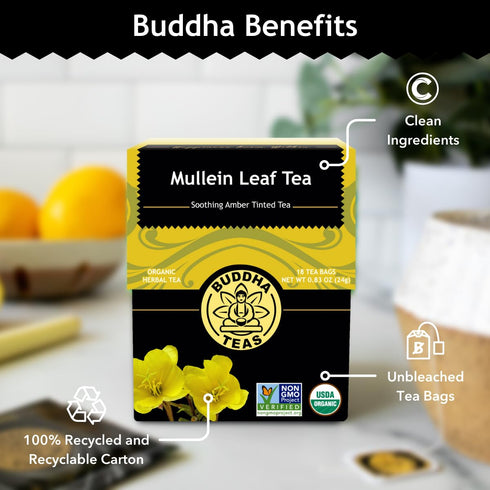100% 18 (Pack 1) Buddha Teas - Mullein Leaf - Organic Herbal Tea - Single Ingredient - Warm Amber Hue - Mild, Earthy