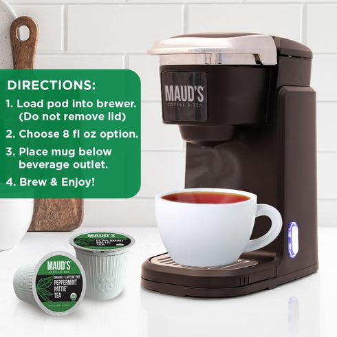Maud's Organic Peppermint Tea Pods, 24 ct Recyclable Single Serve Pods, Compatible with Keurig K Cups