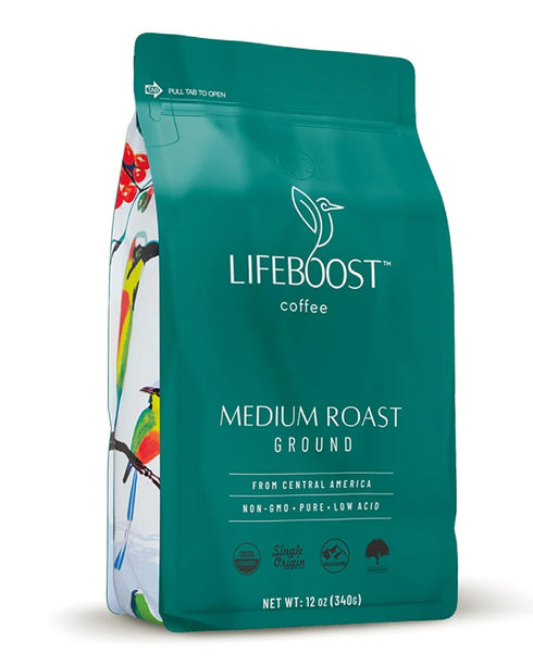 12 Lifeboost Coffee Ground Medium Roast Coffee - Low Acid Single Origin USDA Organic Coffee - Non-GMO Ground Coffee