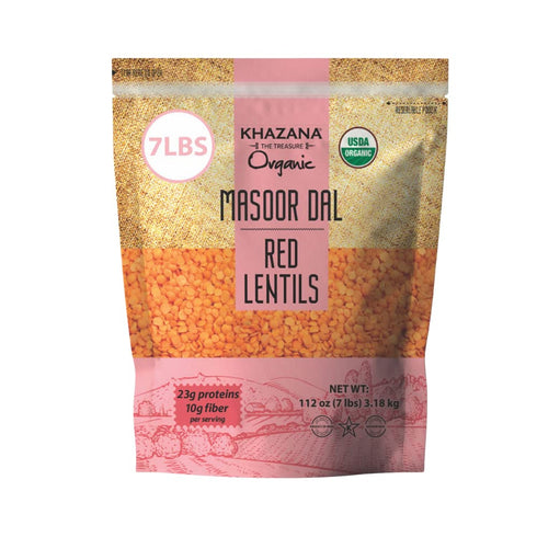 7lb Khazana Organic Masoor Dal - Red Lentils | Non-GMO, Gluten Free & Kosher | Authentic Lentils From India