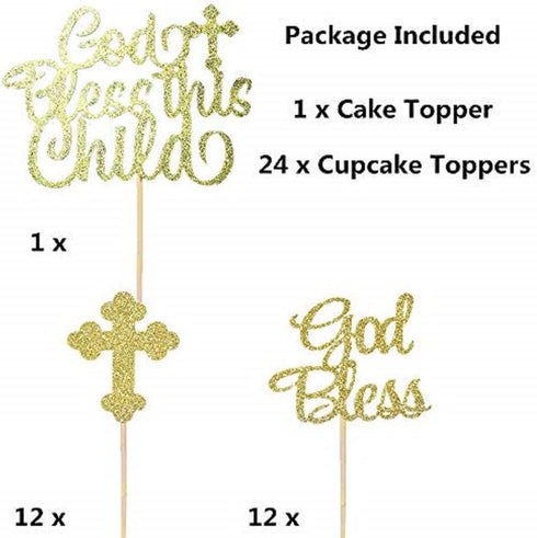 JeVenis 25 PCS Glittery Gold Bless this Child Cross & Cake Toppers for Baptism Decorations