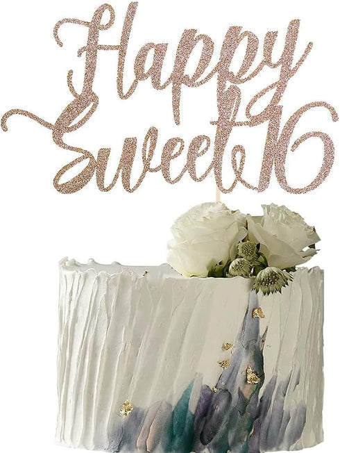 Happy Sweet 16 Cake Topper, Cheers to 16 Years, Rose Gold Decoration for 16th Birthday or Wedding Anniversary