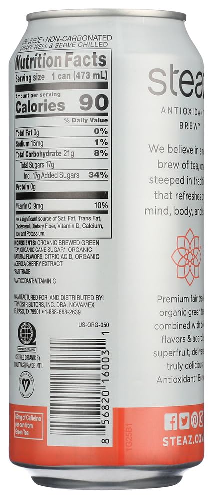 16 OZ (Pack 12) Steaz Organic Lightly Sweetened Iced Green Tea, Peach, FL