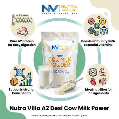 NUTRAVILLA A2 200 Full Cream Desi Cow Milk Powder | Made From Organic Grass Fed Desi Cow | Grams