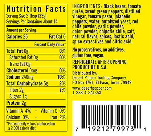 16 oz, Pack 1 Desert Pepper Spicy Black Bean Dip with Black Beans, Jalapeno Peppers and Fresh Vegetables, Gluten-Free