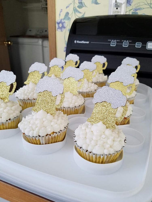 24 PCS Gold Glitter Beer Mug Cupcake Toppers, Food Cake Picks for Party Decor