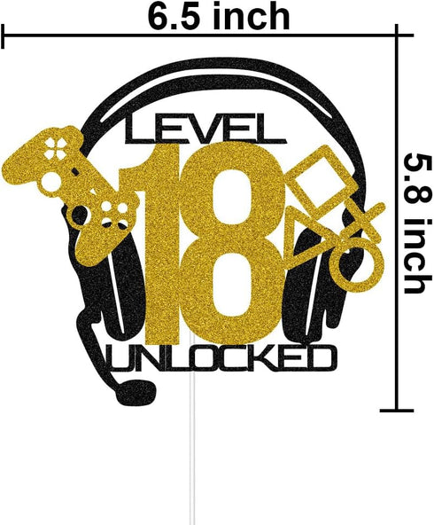 Level 18 Unlocked Cake Topper, Video Game Happy 18th Birthday Cake Decorations, Game Controller Cake Decor, 18 Years Old Party Supplies Gold & Black Glitter