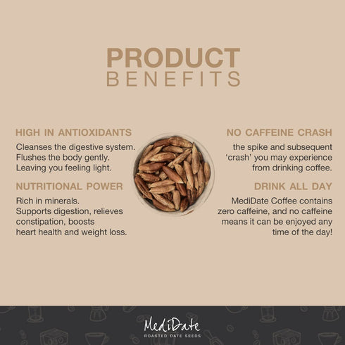 (12 oz. 25 MEDIDATE Coffee Alternative - Roasted Date Seeds - Naturally Occurring Prebiotics | Polyphenols | Caffeine