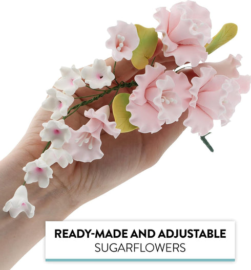1 Count Sugar Blossom Cake Spray Gumpaste Flowers for Cake Decorating Soft Pink Cherry Blossoms with Green Leaves by