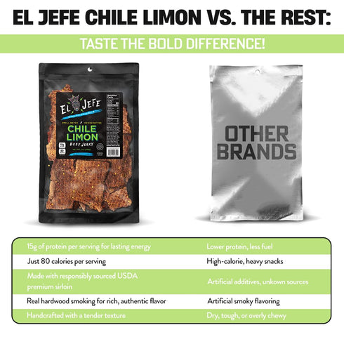 7oz (Pack 2) El Jefe Beef Jerky Chile Limon - Authentic Mexican Style Hispanic Slab Jerky Hand-Crafted in Small Batches