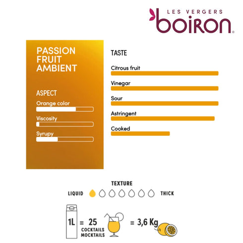 Les Vergers Boiron 1 (33.8 Oz) Passion Fruit Puree Drink Mix, All Natural, No Added Sugar, Non-GMO, No Preservatives