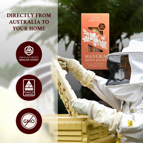 1770 30+ 30 15g, Naturally Australian MGO Manuka Honey Sticks x Organic Honey for Tea, Yogurt, & Travel Snacks