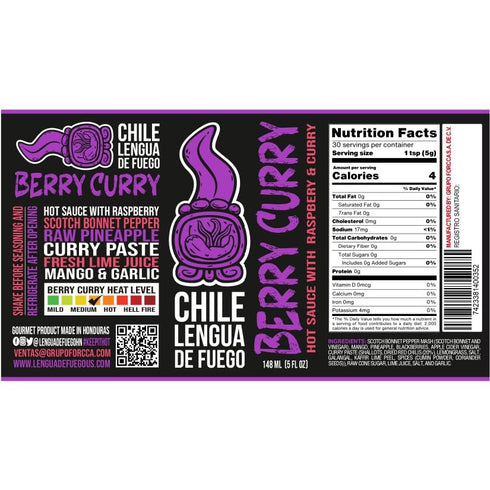 1 Chile Lengua de Fuego Berry Curry Hot Sauce - Bottle - Scotch Bonnet, Mango, Blackberry & Curry Paste - Fruity