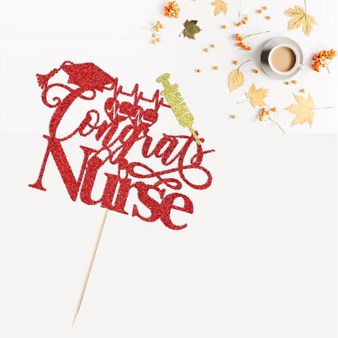 Trelsan Red Glitter Congrats Nurse Cake Topper, Nursing School Grad Graduation Party Decorations Supplies, Medical