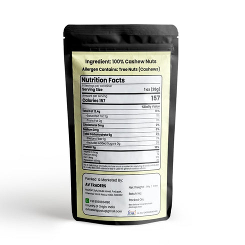RAEN HAVEN 8.82 oz (250gm) Packed, Pack 1 Whole Cashew Nuts - Organic, Crunchy Snack, Freshly High in Protein Great