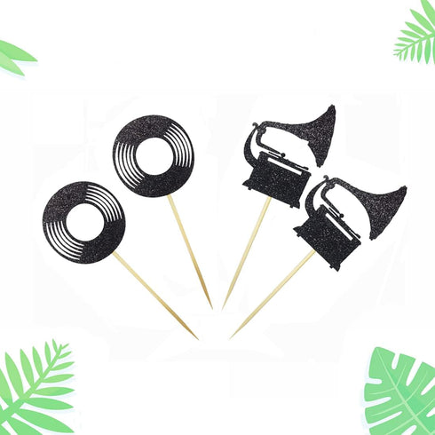 Morndew 24 PCS Vinyl Record Phonograph Cupcake Toppers for Nostalgic Dancing Ball Music Theme Party Decorations