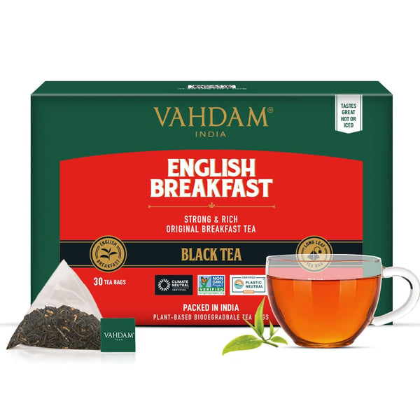 VAHDAM English Breakfast Black Tea Bags, 30 Count, High Caffeine, Pyramid Tea Bags