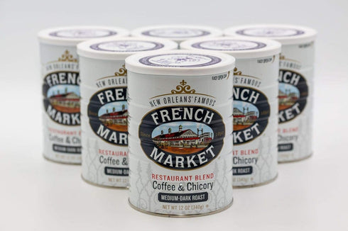 12oz (Pack 6) French Market Coffee & Chicory Restaurant Blend Medium-Dark Roast Ground Coffee, Can